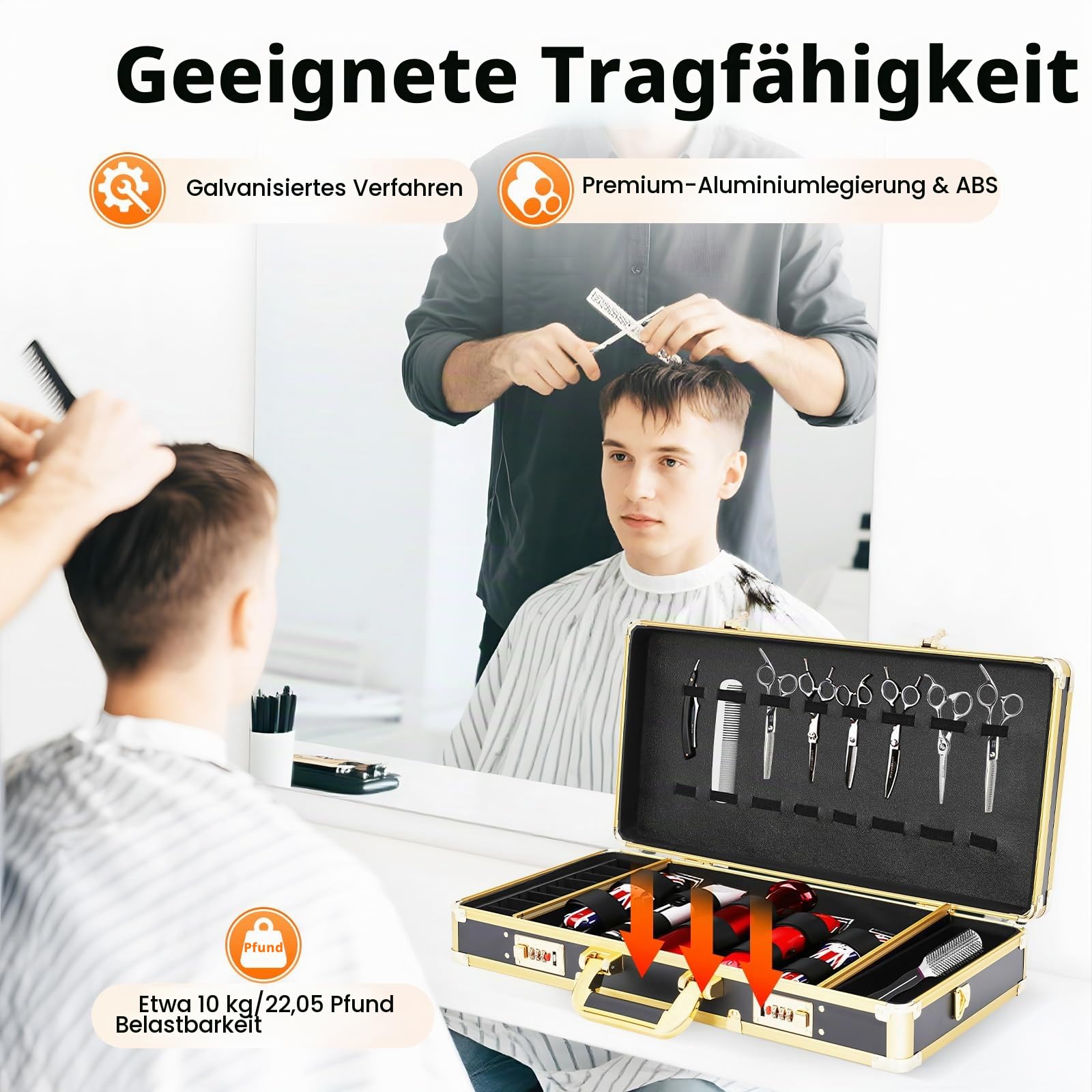 MINRS Tragbarer Barber Case mit Sicheres Passwortschloss, Barber Tragekoffer Barber Salon Stylist Carrying Suitcase Friseur Tool Organizer for Scheren, Trimmer, Kämme, Bürsten 55 x 27 x 10 cm Schwarz