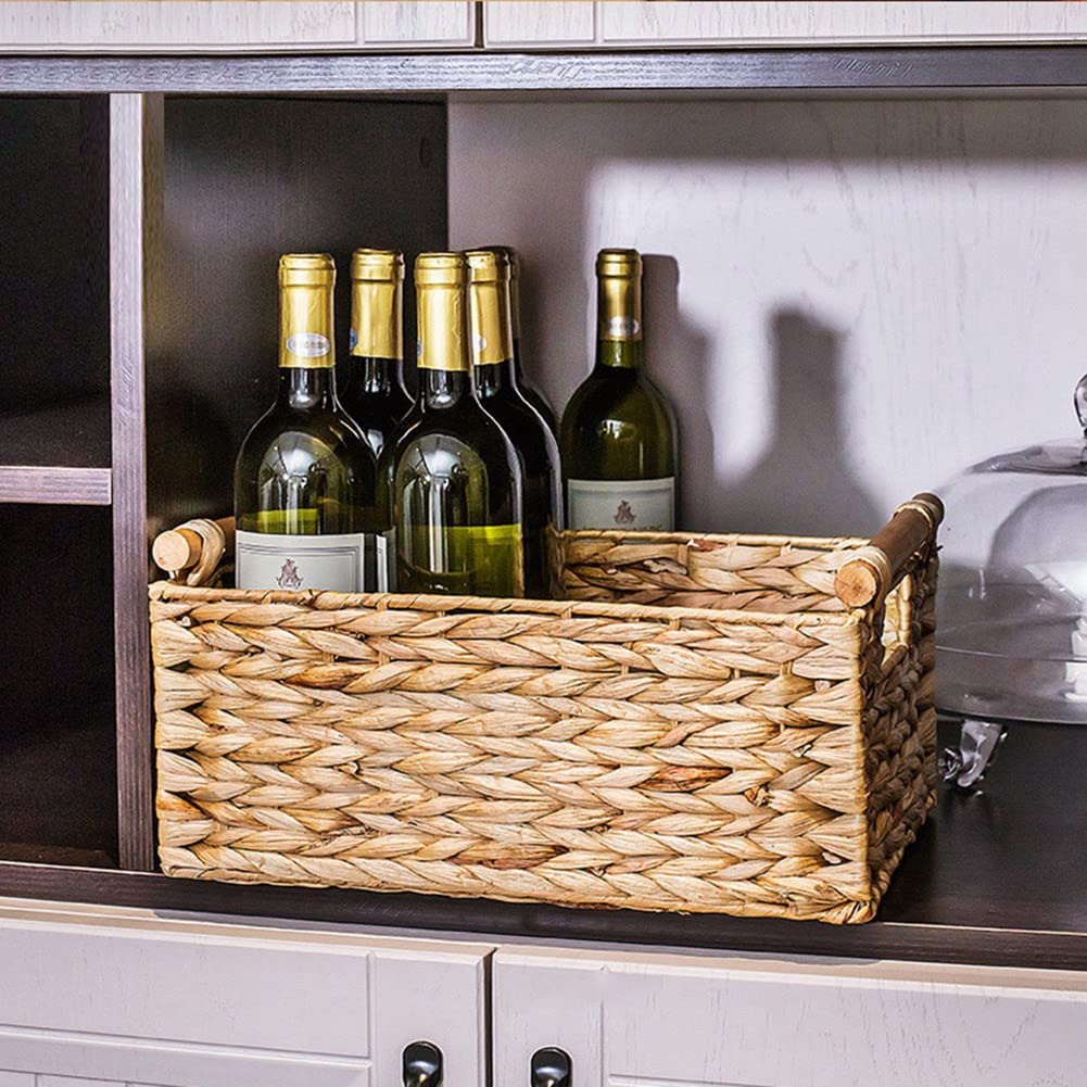 3X Cesta de Mimbre Rectangular con Asas de Madera para Estantes, Cesta de Almacenamiento de Jacinto de Agua, Cestas Naturales para Organizar B