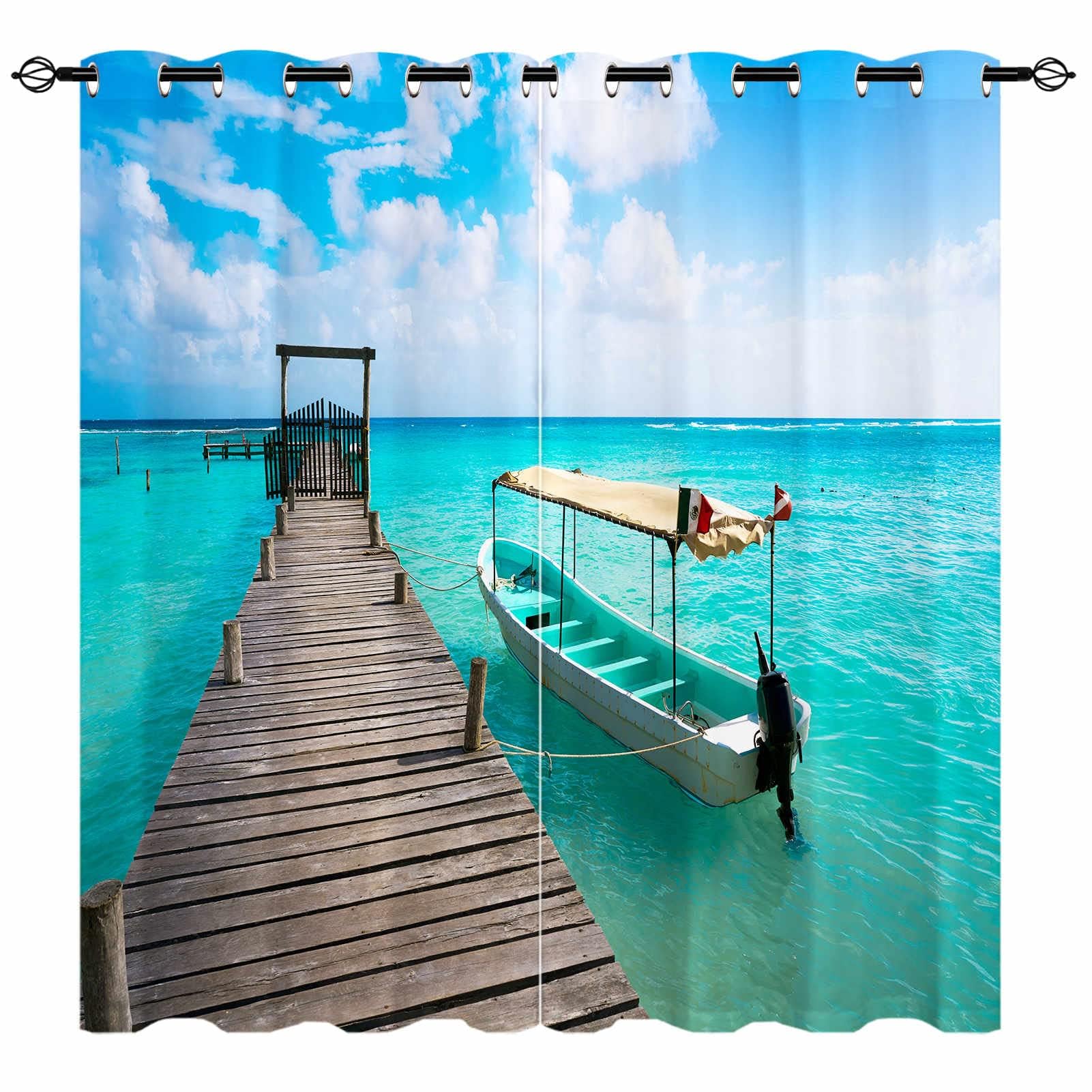 YUANZU Pier Curtains - Beach Tropical Scene Boat Coastal Ocean Landscape Print Pattern Eyelet Blackout Thermal Insulated Room Darkening Window Drapes for Bedroom Living Room 2 Panels W106cm x D160cm