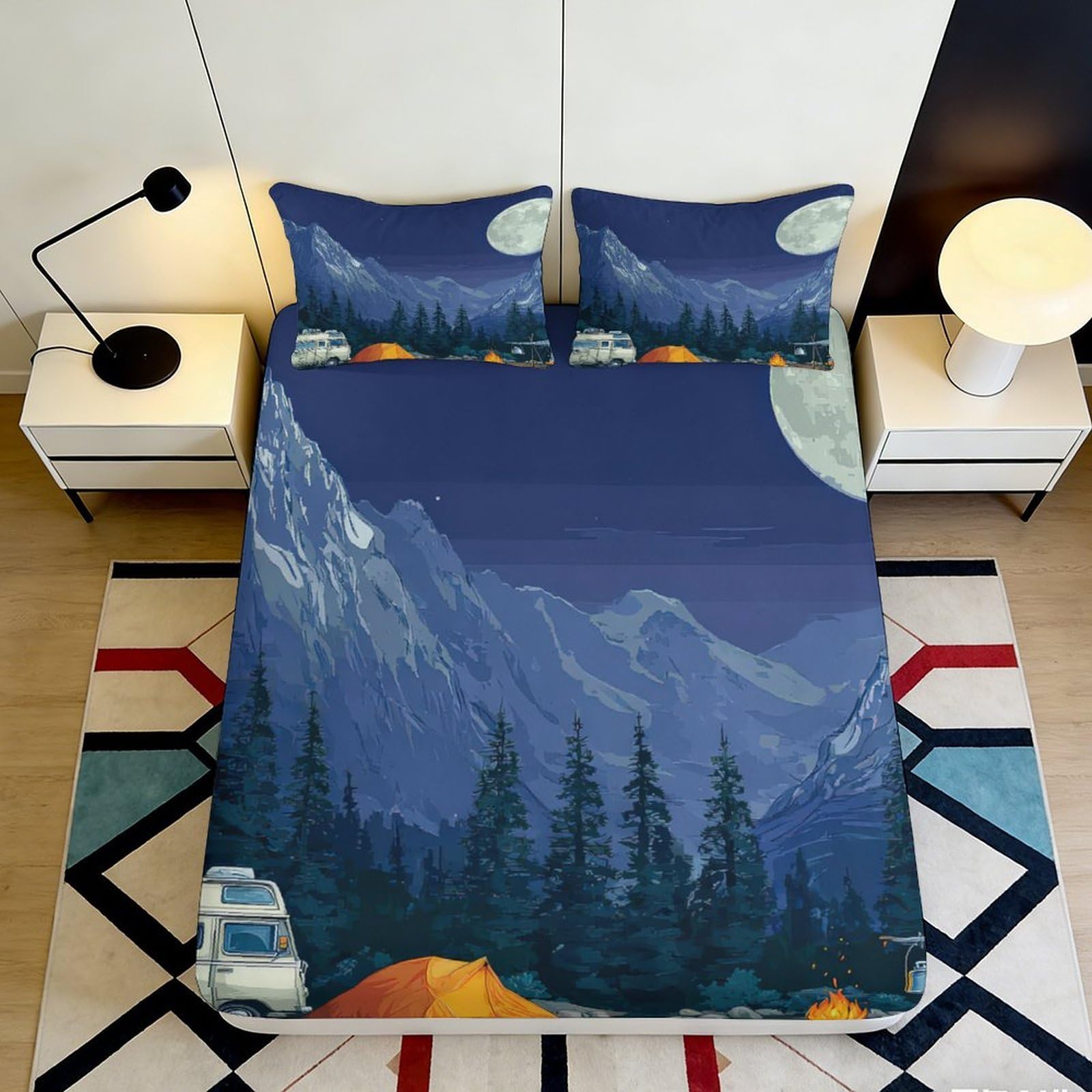 3D Printed Mountain Night Fitted Sheet Microfiber Scenic Forest Camper Bed Cover for Bedroom Decor Dorm Protection 90x200x25cm