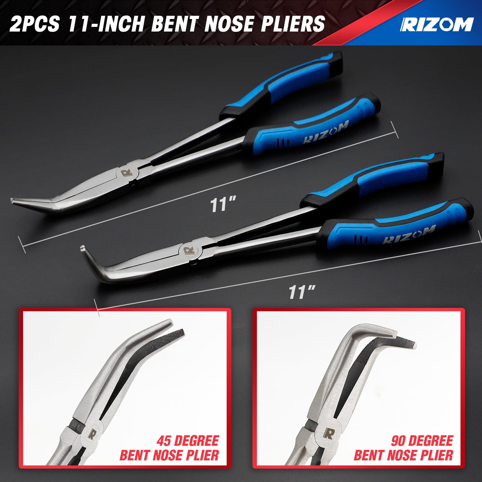 Rizom Set di 3 pinze a lunga portata, pinze a becco lungo a doppio snodo, 33 cm, pinze a becchi piegati a 45° e 90° per spazi stretti e aree limitate