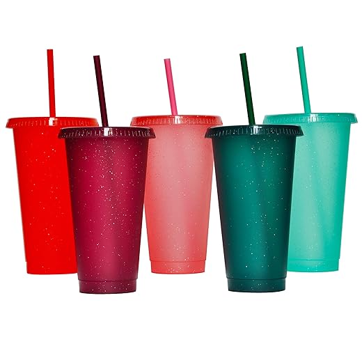Suertestarry Tumbler with Straw and Lid,Water Bottle Iced Coffee Travel Mug Cup,Reusable Plastic Cups,Perfect for Parties,Birthdays,24oz-5 Pack (Rainbow Glitter(24oz)