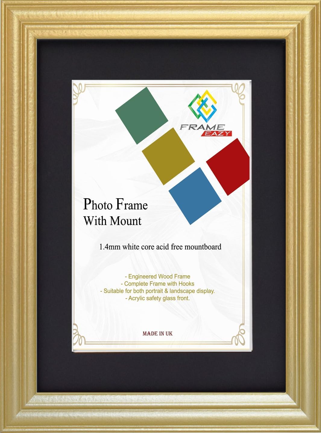 FRAME EAZY Gold 12x12 Photo Frame with 10x10 Ivory Mount - Antique Style Picture Frame With Safe Perspex Front - Frame 12" x 12" For Picture Size 10" x 10"