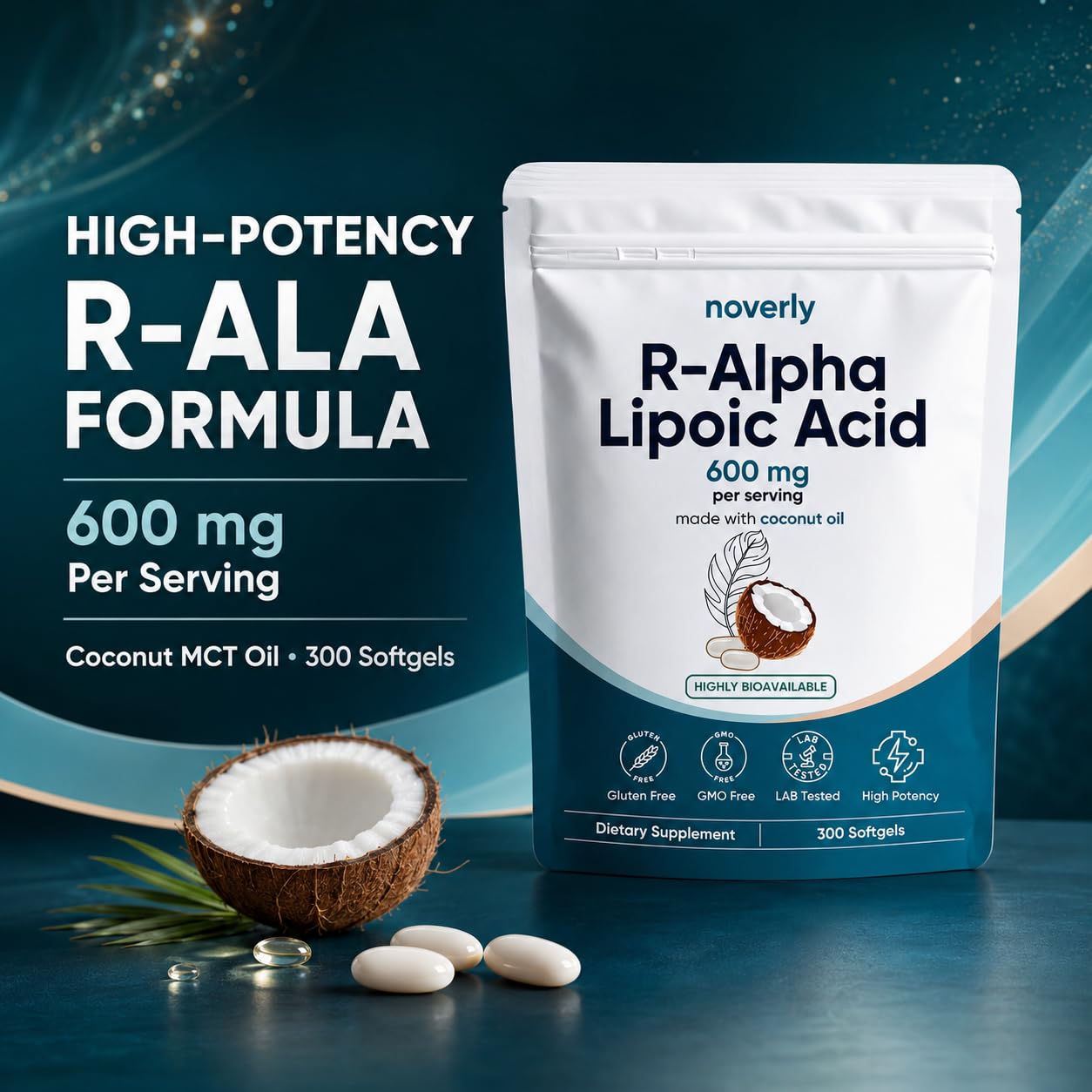 R-Alpha Lipoic Acid 600mg for Neuropathy, 300 Softgels, 100-Day Supply with Coconut MCT Oil, Ácido R-alfa lipoico Supplement for Nerve Health & Antioxidant Support, GMO-Free, Gluten-Free — Amazon image 2