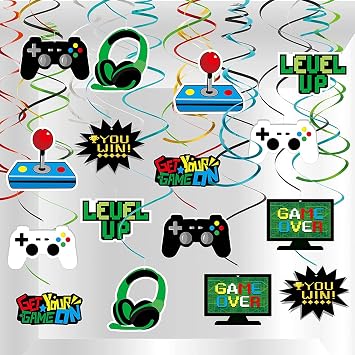 MIAHART 60 pcs Video Game Themes Cake Toppers and 34 pieces Video Game Party Hanging Swirls