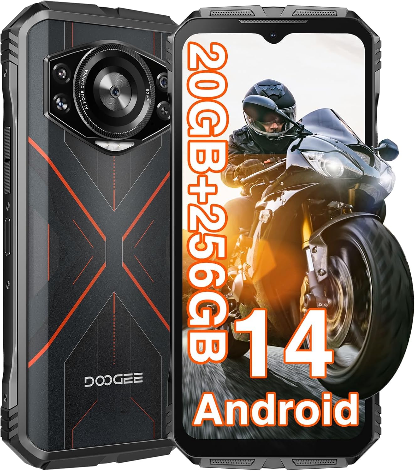 DOOGEE S Cyber 4G Rugged Cell Phone Unlocked,20GB+256GB Waterproof Cell Phone, 6.58" HD+ Display,10800mAh Battery,50MP Rear+16MP Front Camera Phone, Dual SIM/OTG/GPS/NFC/Android 14 Smartphone Red