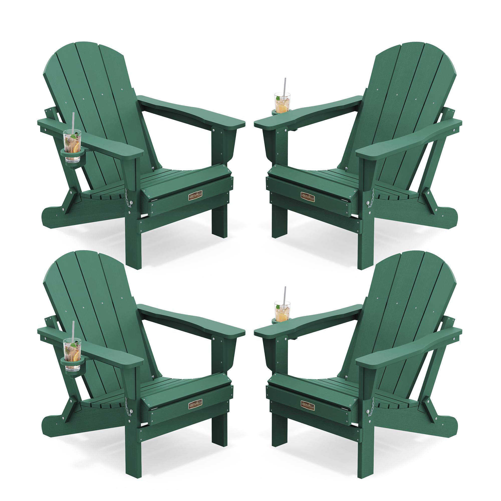 SERWALL Folding Adirondack Chairs Set of 4 with Cup Holder, Fire Pit -Green