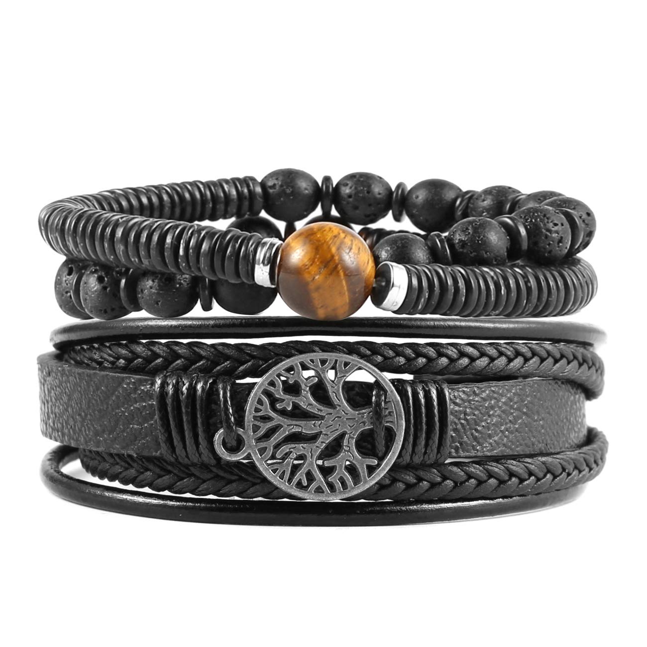 hzman genuine leather tree of life bracelets men women tiger eye natural stone lava rock beads ethnic tribal elastic bracelets wristbands