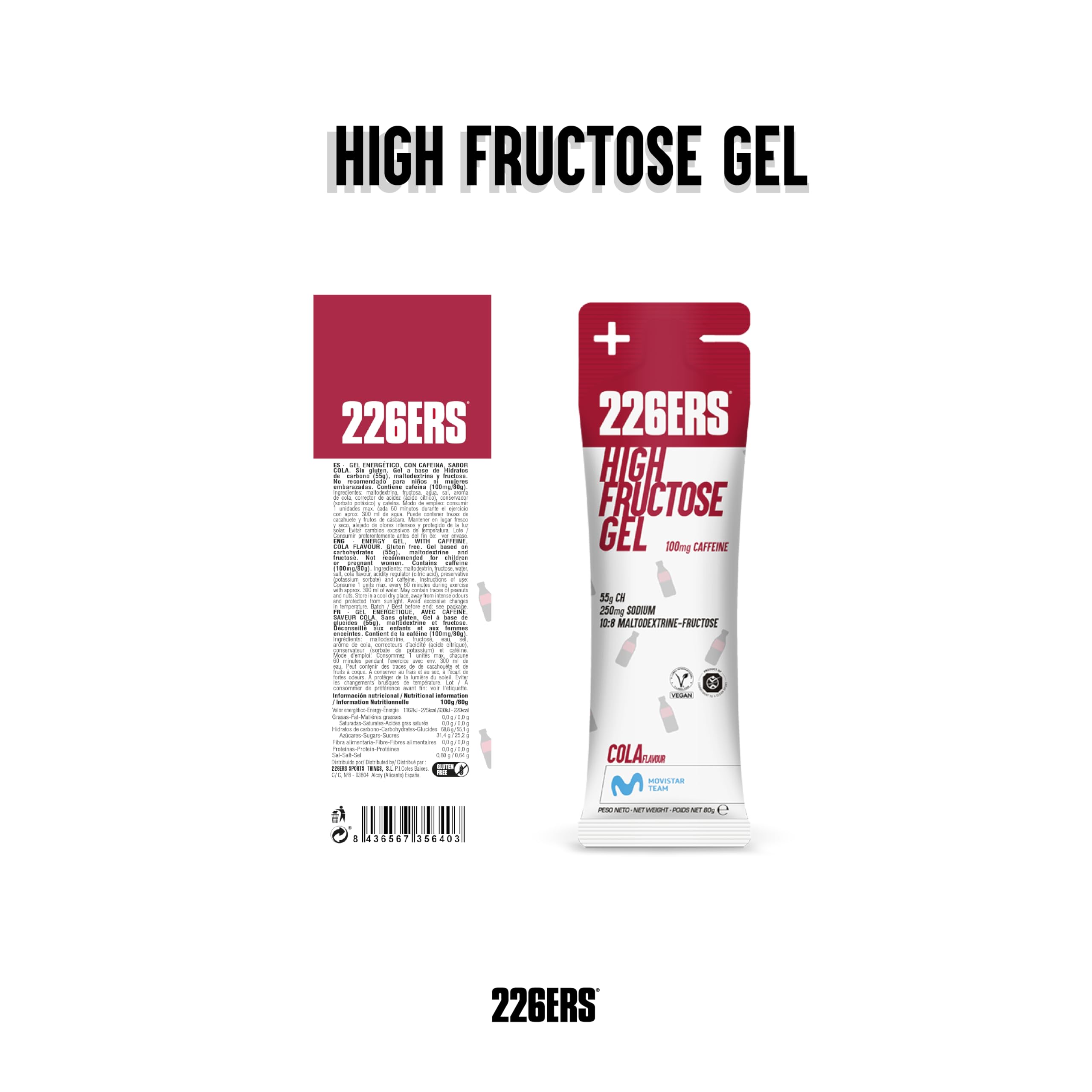 226ERS - High Fructose Gel, Energiegel für Sportler, mit Maltodextrin und Fruktose, mit 100 mg Koffein, vegan und glutenfrei, Kohlenhydratzufuhr, Geschmack Cola, 24 Gels x 80 g