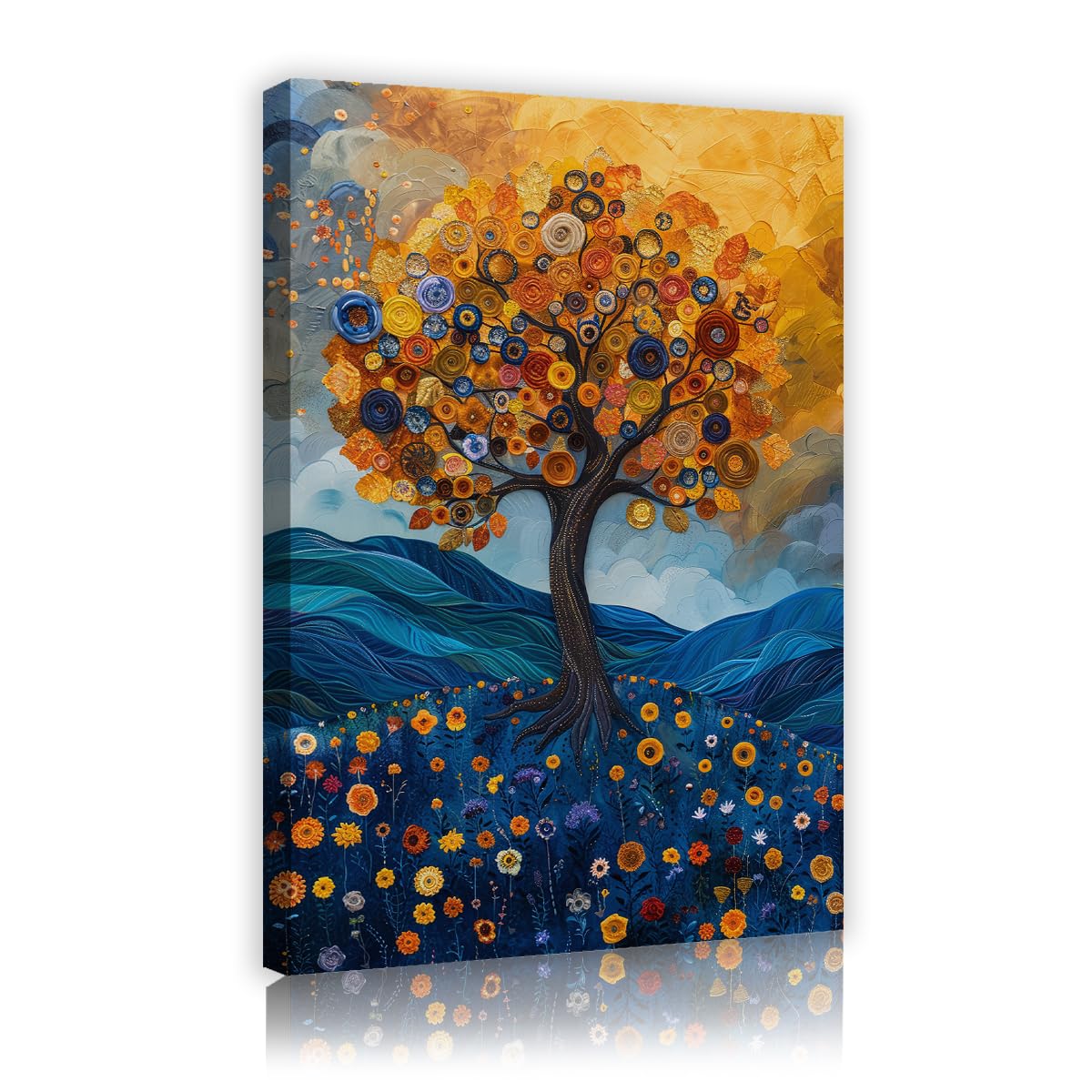 Via Vela Fbh08 Gustav Klimt Style Abstract Canvas Print Wall Art Golden Tree Of Life Painting Blue Mountain Sky Artwork Picture For Guest Room Apartment Study Room Decor 80X120cm