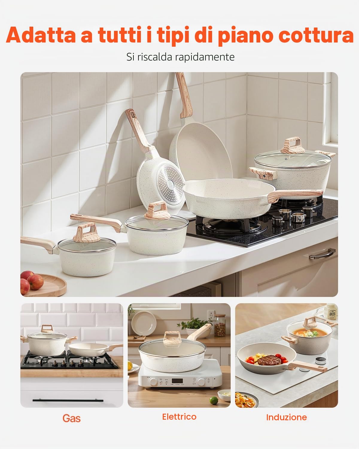 VEVOR Set di Pentole, Padelle Antiaderenti in Granito con Manico, Set di Pentole a Induzione da Cucina per Camper, con Frittura, Coperchi in Vetro Temperato, Bianco, 17 Pezzi