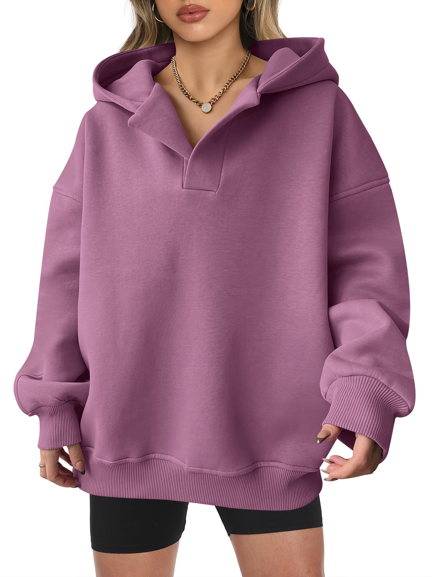 ANRABESS Womens Oversized Hoodies V Neck Sweatshirts Fleece Long Sleeve Pullover Y2K Clothes 2026 Fall Trendy Outfits