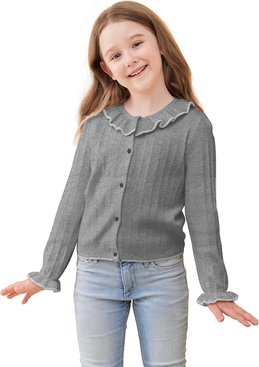 Girls Cardigan Sweet Ruffle Collar Sweater Button Long Sleeve Knit Tops for Girls Outfits