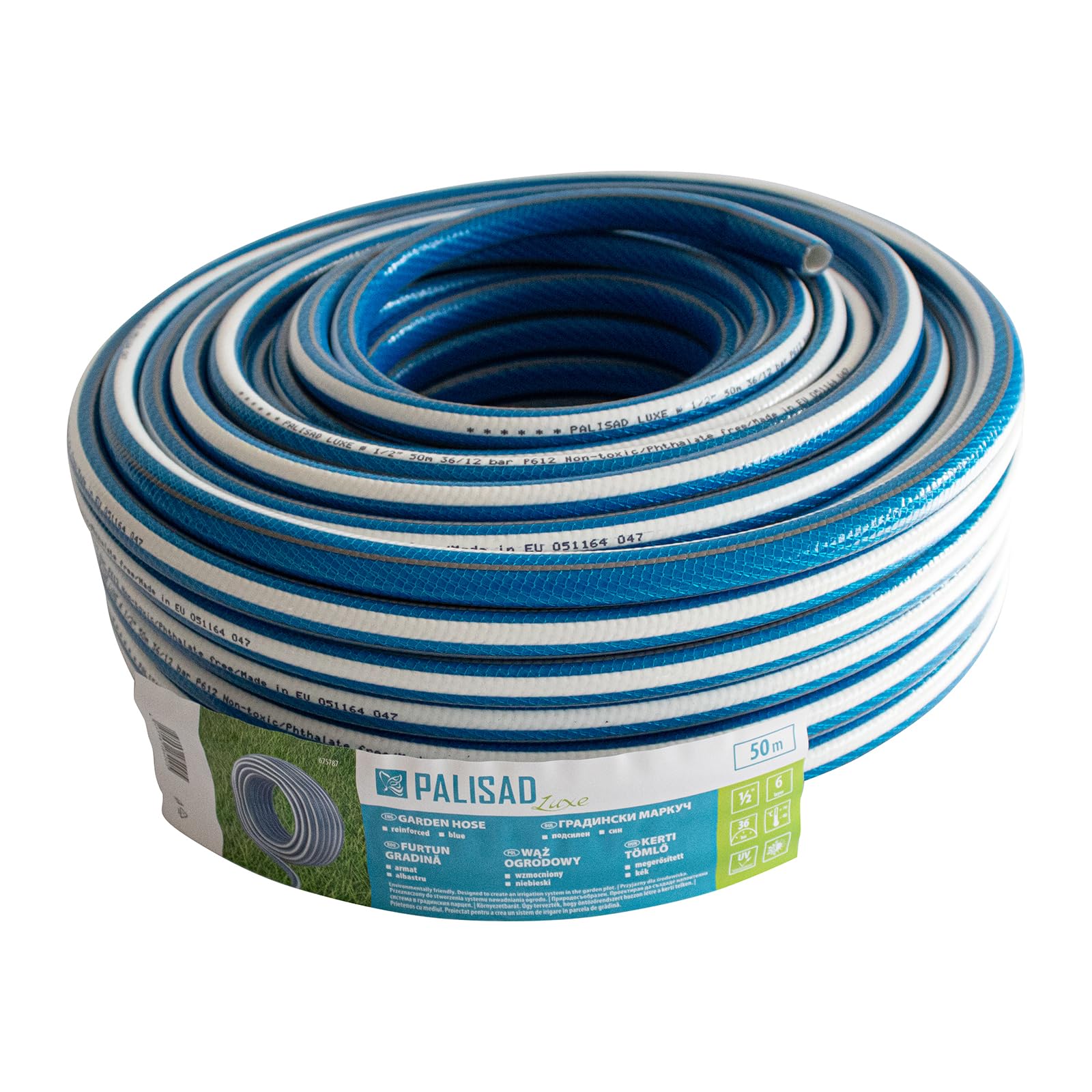 PALISAD LUXE Wąż Ogrodowy 50 M, 1/2" (12,5 Mm), 6-Warstwowy, Niebieski – Bez Ftalatów, Do Wody Pitnej, Ciśnienie 12 Bar, Wzmocnienie Tekstylne, Odporny Na Mróz I UV