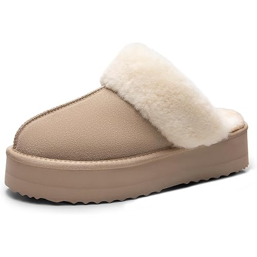 DREAM PAIRS Platform Slippers for Women Genuine Suede Fuzzy Cozy Memory Foam Waterproof Slippers Shoes for Indoor and Outdoor