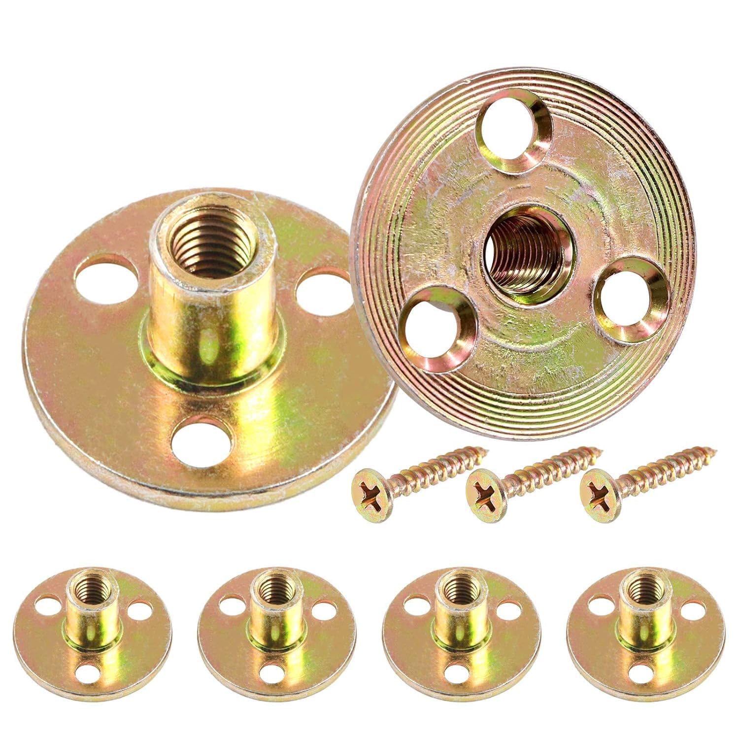 UNIQUELLA M8 Brad Hole T-Nut Screw in 3 Hole T-nut Zinc Plated Round Base Mounting Furniture Hardware Fitting Fastener celling Flange Insert Female Thread with Screws (M8-4 PCS) 12 Screw Include-image-49