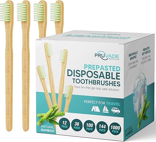 PRUVADE Paquete de 144 cepillos de dientes desechables de bambú con pasta de dientes incorporada, cepillos de dientes prepegados envueltos
