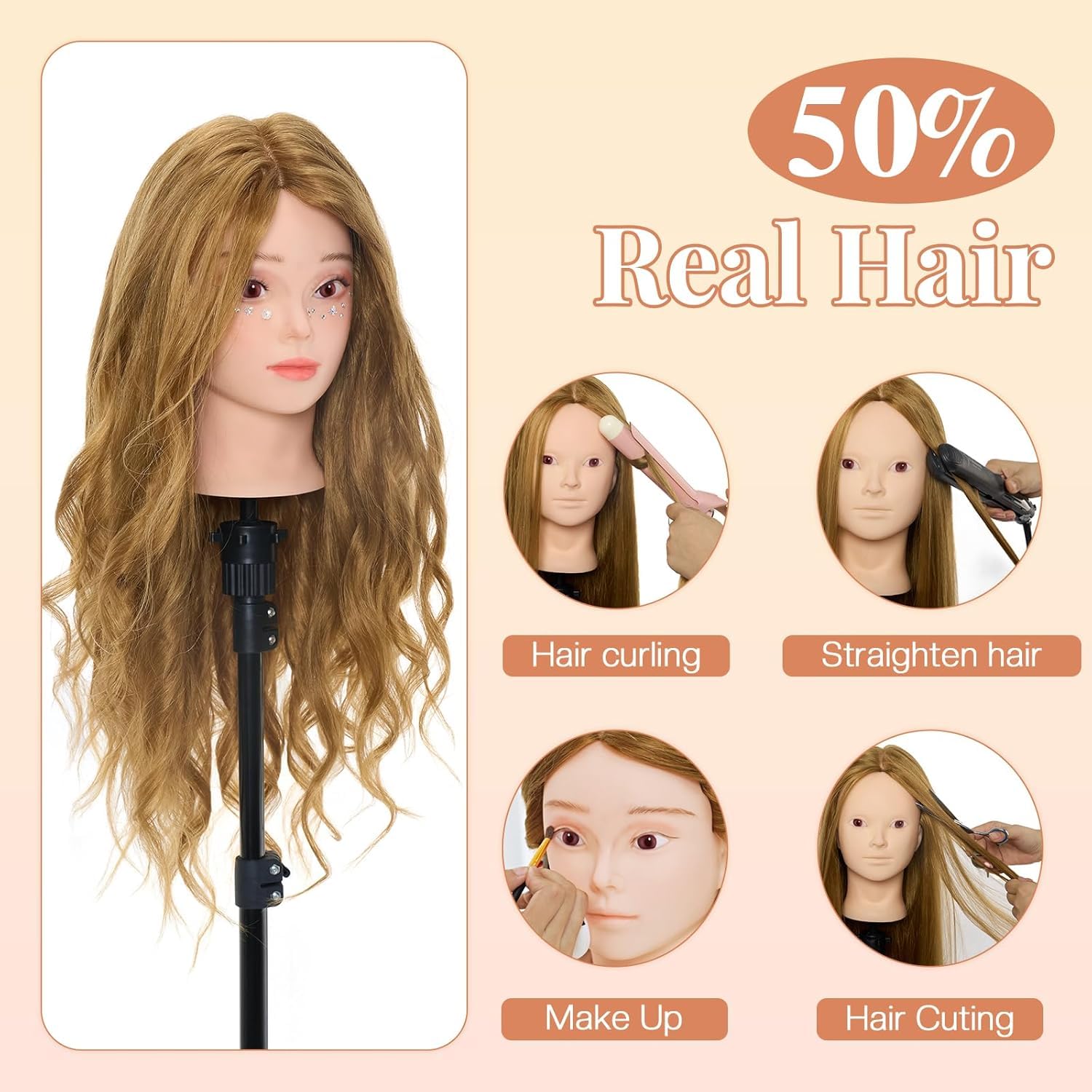 Neverland Cabeza de Peluqueria 24" 50% Pelo auténtico Cabeza Para Peinar Cabeza Maniqui Peluqueria Maniquí Muñeca para Peluquería con Soporte + Accesorios de Peinado DIY