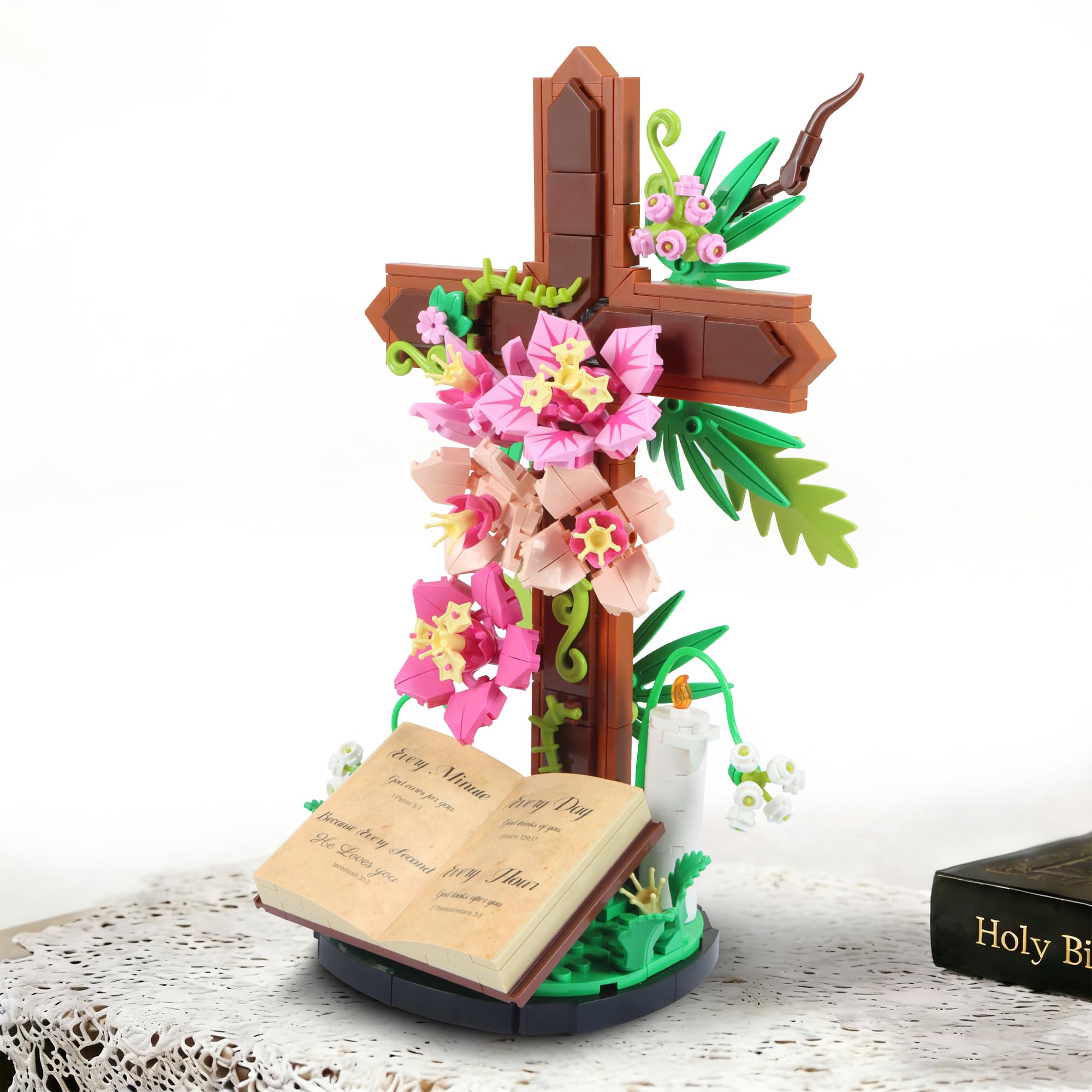 UNKING Jesus Cross Flower Building Blocks Kit 363PCS For Adults Women