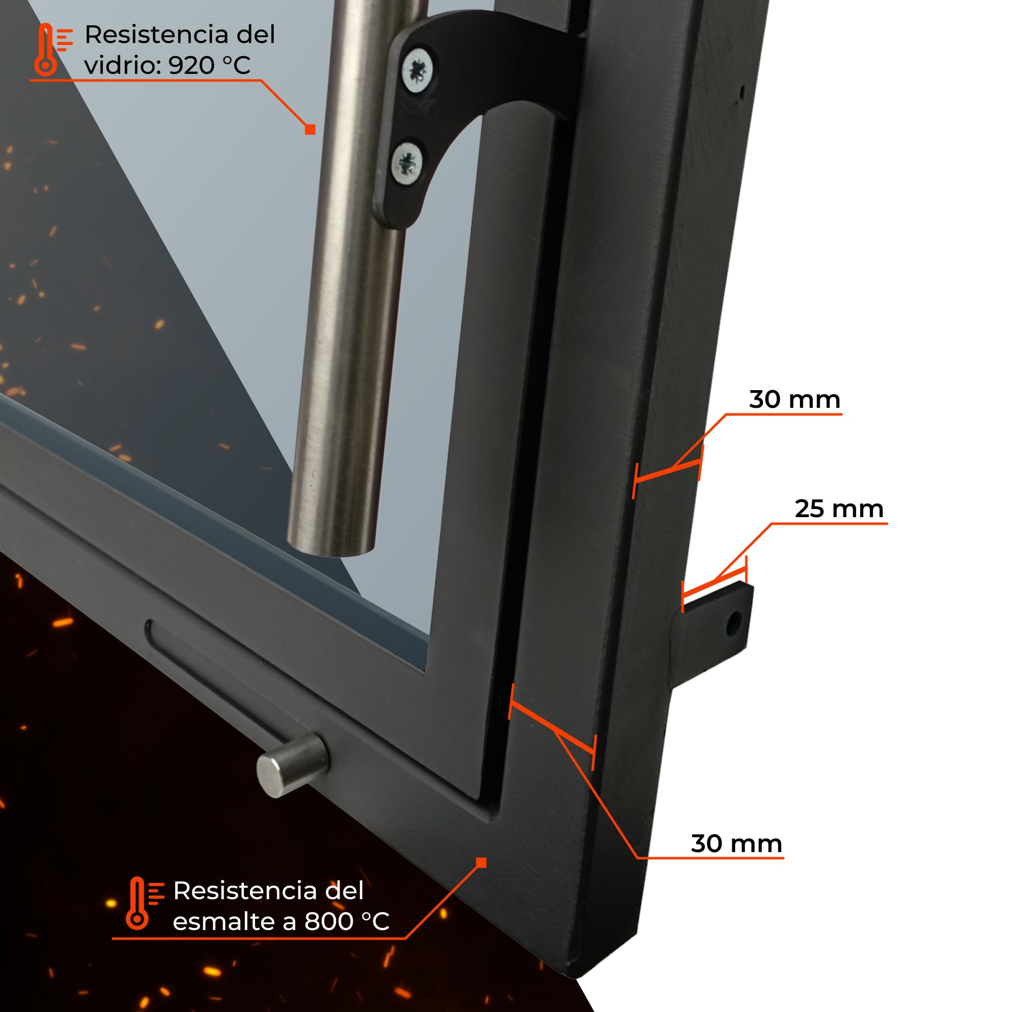 X6 | Puerta de Chimenea a Medida | Puerta para Chimenea, Estufa, Barbacoa y ahumador | Cristal vitrocerámico | Puerta de Acero con Marco | Versión Premium con Accesorios INOX