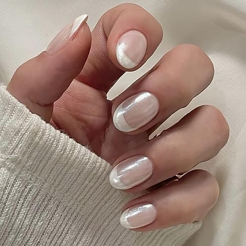 HOSAILY Short Oval Press on Nails Almond, White Chrome Press