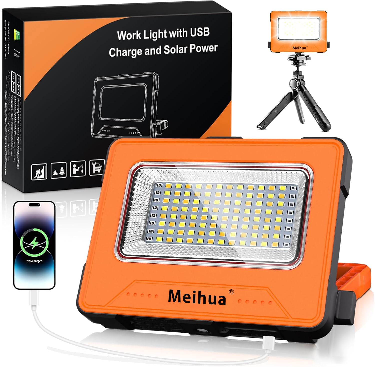 MEIHUA Lampa robocza LED, 60 W, 10 000 mAh, reflektor budowlany LED, akumulator, wodoszczelna, przenośna, ładowana, 4 tryby świecenia, USB lub ładowanie solarne, lampa na plac budowy, warsztat,