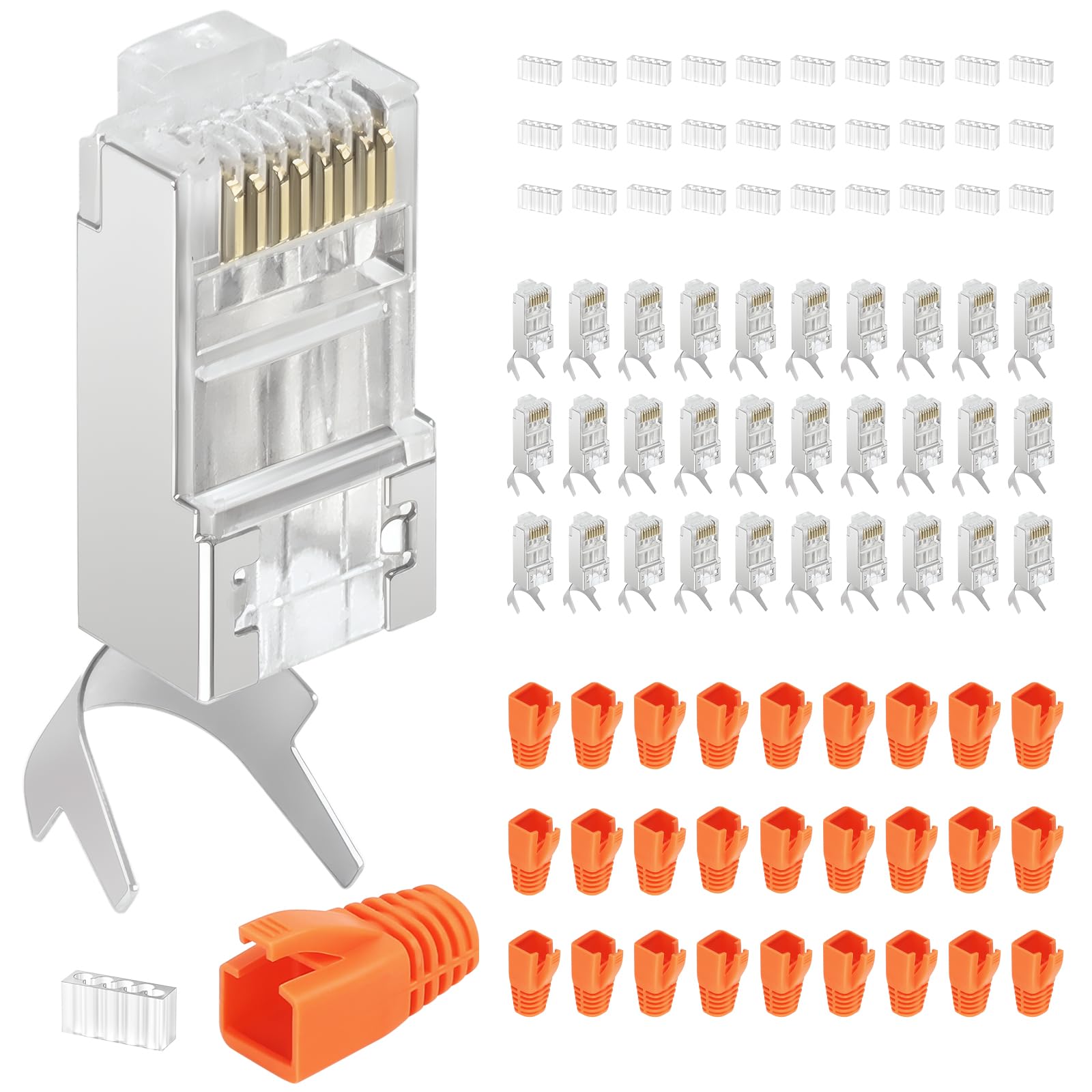 Annickee RJ45 Stecker Cat7 30er Set, CAT 7 Stecker Orange, Netzwerkstecker mit Knickschutz, Lan stecker für Verlegekabel, CAT 7 verbinder mit Zugentlastung, Knickschutztülle Orange & Einführhilfe