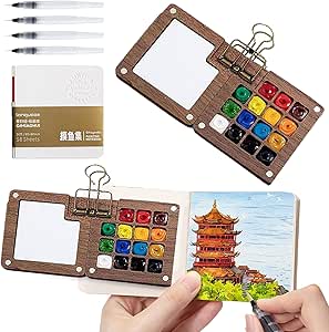 Mini-aquarelschilderset voor reizen, 8 houten roosters met metalen clip, 12 kleuren voor zakkunstenaars, cadeau voor schilders, kunstenaars en studenten (B