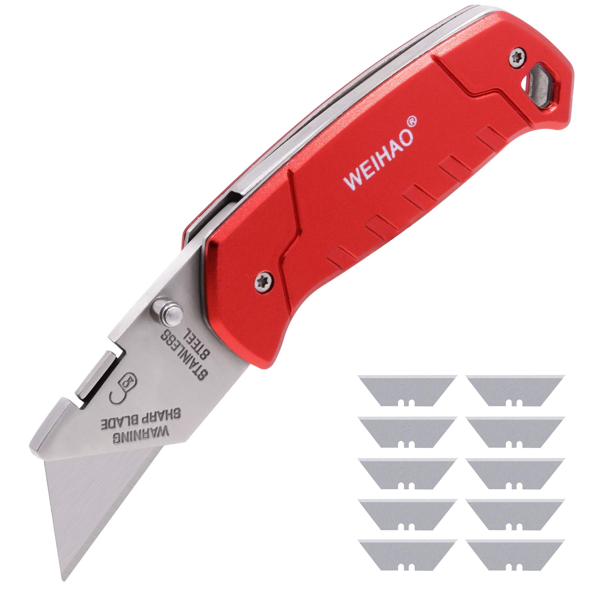 Heavy Duty Folding Utility Knives Box Cutter With 10pcs Quick Set Up Stainless Steel SK5 Replaceable Blades,Anti-skid Ergonomic Aluminium Alloy Grip