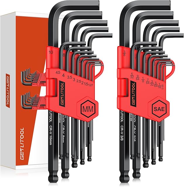 GETLITOOL 26pcs Klucz imbusowy, Profesjonalny zestaw kluczy imbusowych z 1.27mm-10mm, 0.05-3/8, modele grawerowane laserowo klucz sześciokątny 6150 Stal chromowo-wanadowa do montażu mebli