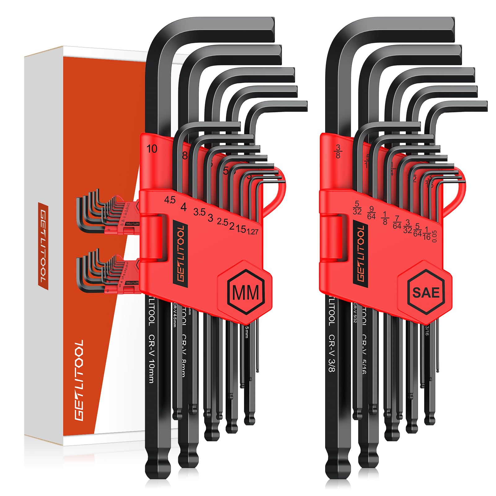 GETLITOOL 26pcs Allen Wrench, Professional Allens Wrench Set with 1.27mm-10mm, 0.05-3/8, Models Laser Engraving Hex Key 6150 Chrome Vanadium Steel for Furniture Assembly