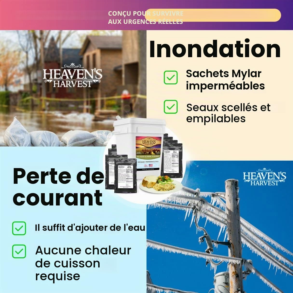 Heaven's Harvest Kit d'approvisionnement alimentaire d'urgence (60 portions de nourriture et de boissons) - Kit de survie 100 % lyophilisé avec une durée de conservation de 25 ans. Aliment non