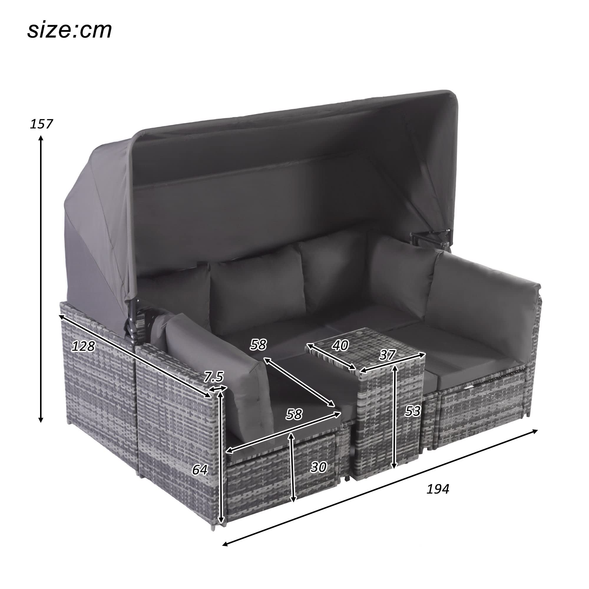 Kayan Polyrattan Lounge Set, 5-teiliges Rattan-Gartenmöbel-Set, Patio-Lounge-Set mit Baldachin, Allwettergeflecht, waschbare Kissen, graues Geflecht + graue Kissen