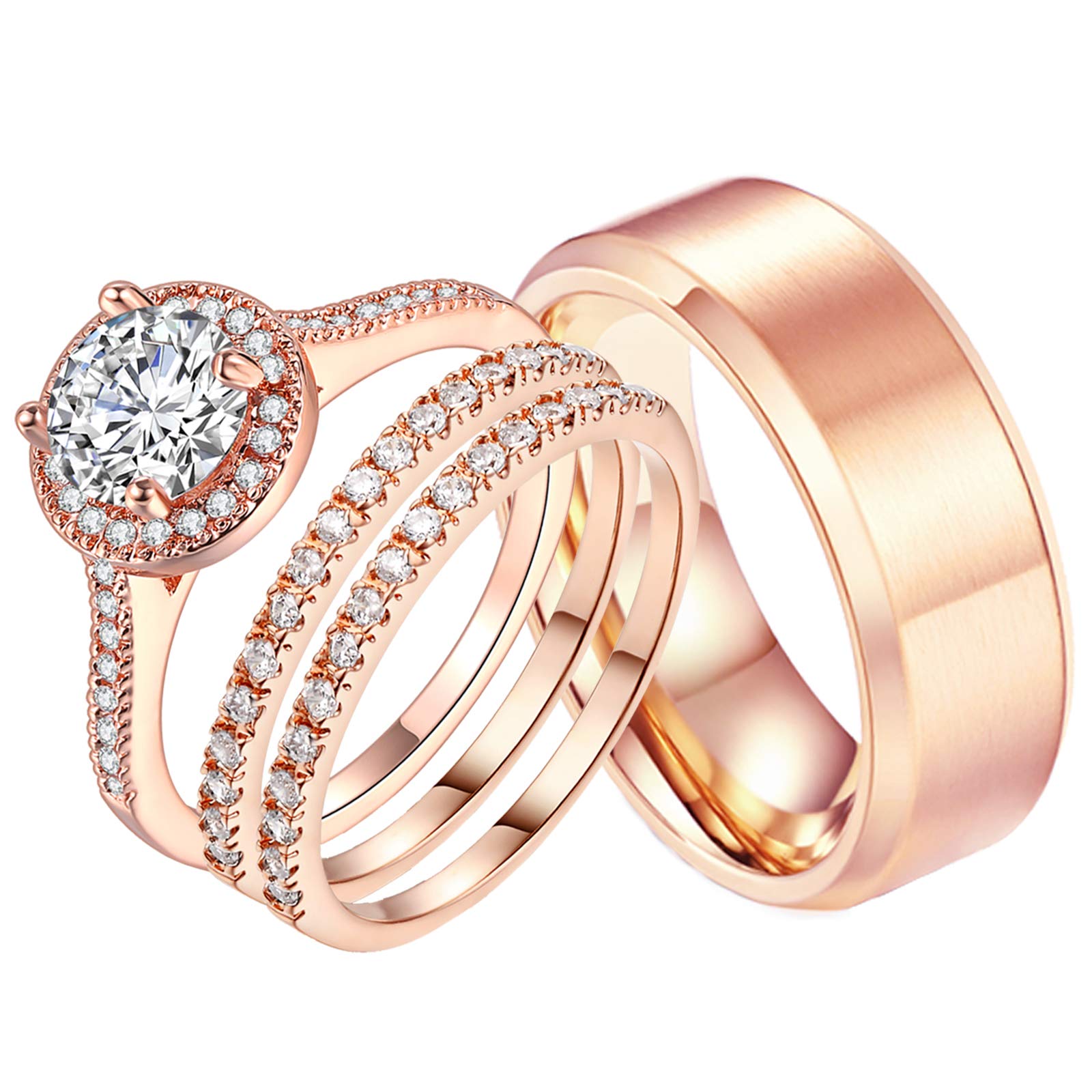 Ahloe Jewelry1.7Ct Cz 18k Rose Gold Filled Wedding Ring Sets for Him and Her Women Men Titanium Stainless Steel Bands Couple Rings