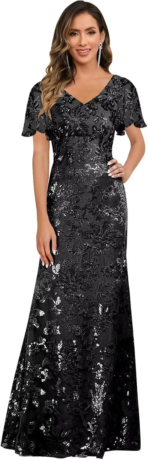 V Neck Mother of The Bride Dresses for Women Short Sleeve Long Sequin Lace Evening Formal Dress