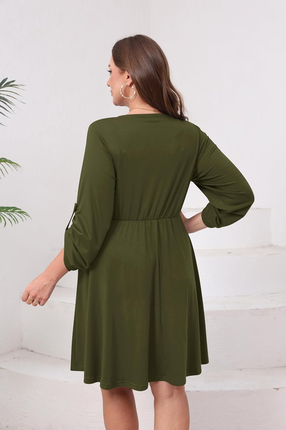 Womens Plus Size Dress Casual Roll up 3/4 Sleeves Zipper V Neck Tie Waist Flowy Loose Dresses with 2 Pockets - Image 3