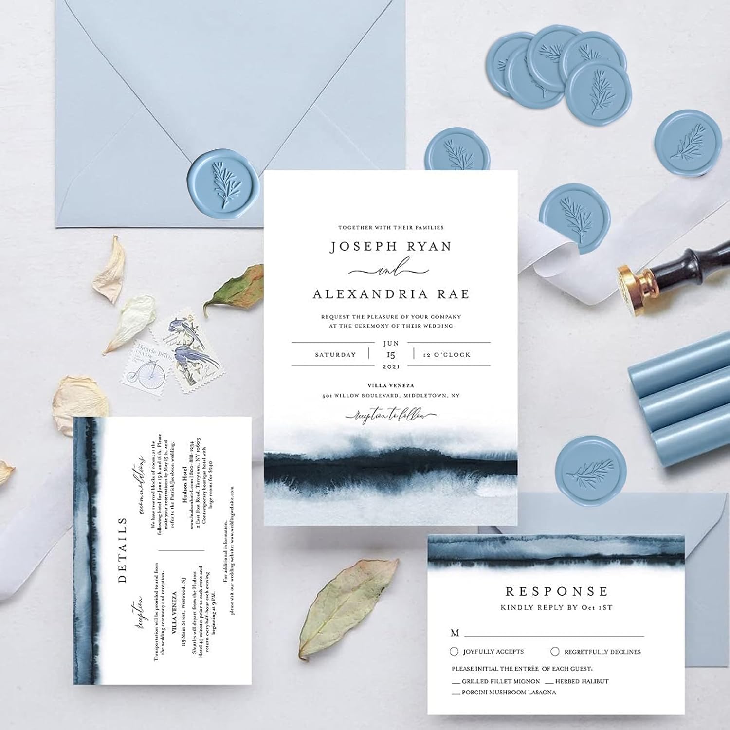 UNIQOOO Wax Seal Stickers - Rosemary Wedding Invitation Envelope Seal Stickers, 100 Pcs Self Adhesive Dusty Blue Stickers, Perfect for Invitation, Envelopes, Gift Wrapping, Christmas