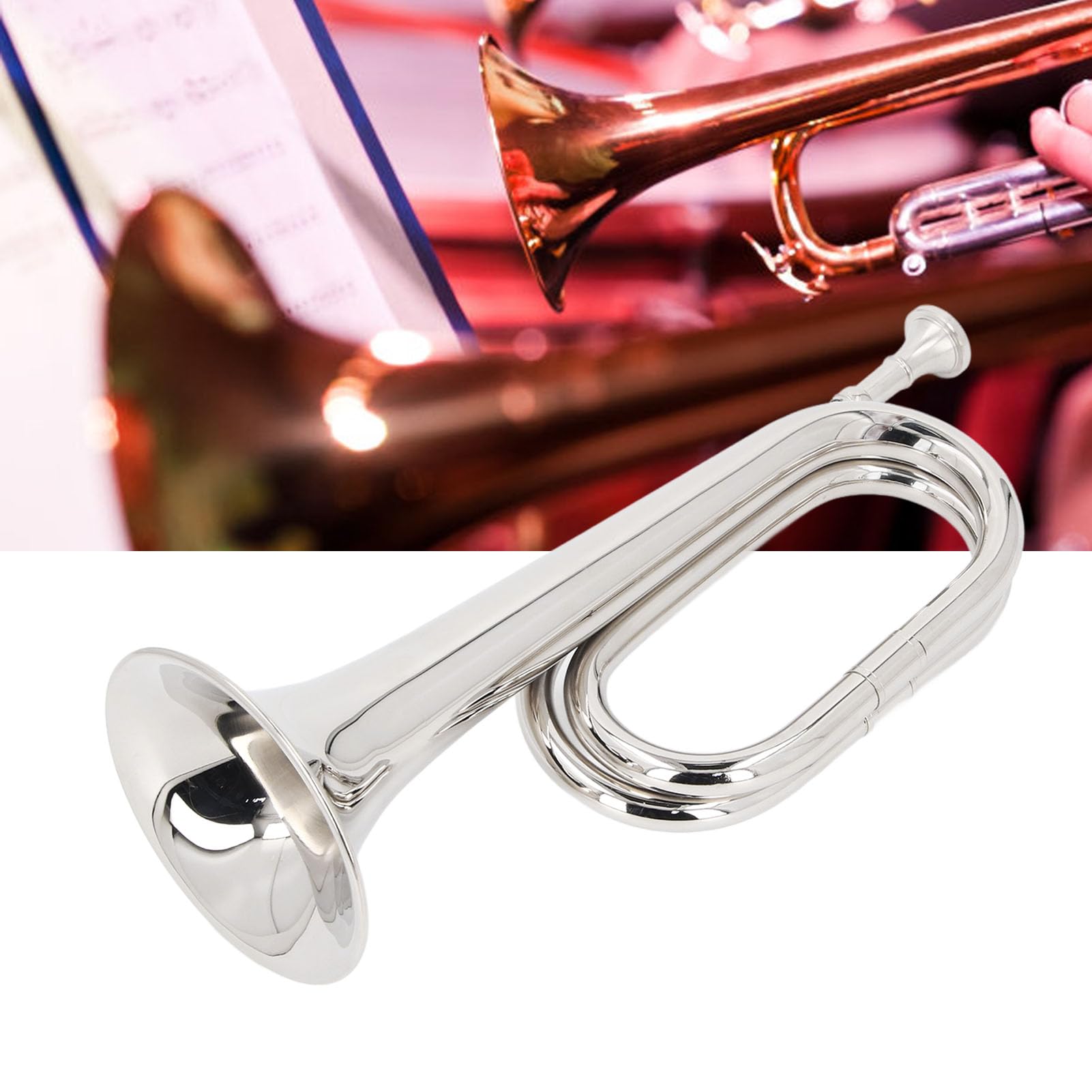 Military Bugle C Key Trumpet, Brass Cavalry Trumpet Instrument, 11cm Diameter Mouthpiece, 34cm Height, Silver Brass Military Trumpet for Orchestra Marching Band
