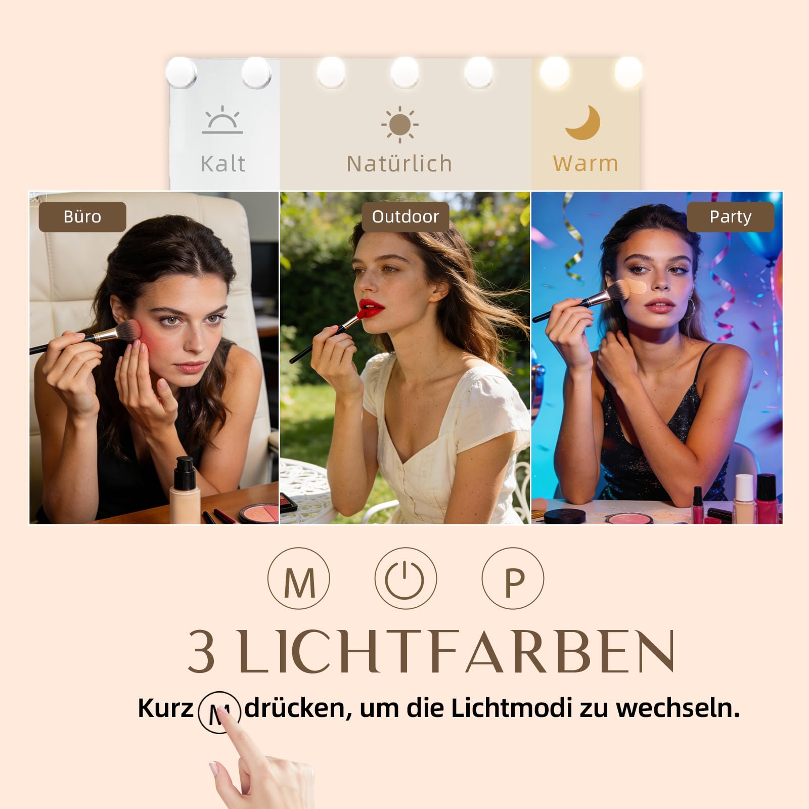 Hollywood Spiegel Schminkspiegel mit Beleuchtung, Kosmetikspiegel 58 x 46 cm, 15 LED Mirror Super HD für Make-up, 3 Lichtfarben Dimmbar Touch Control, USB, inkl. 10-Fach Vergrößerungsspiegel