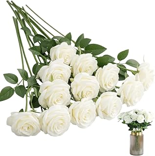 12PCS White Roses, Artificial Rose Flowers, White Artificial Roses with Stems, White Roses Artificial Flowers for Wedding Decor, Home Garden, Party Decoration