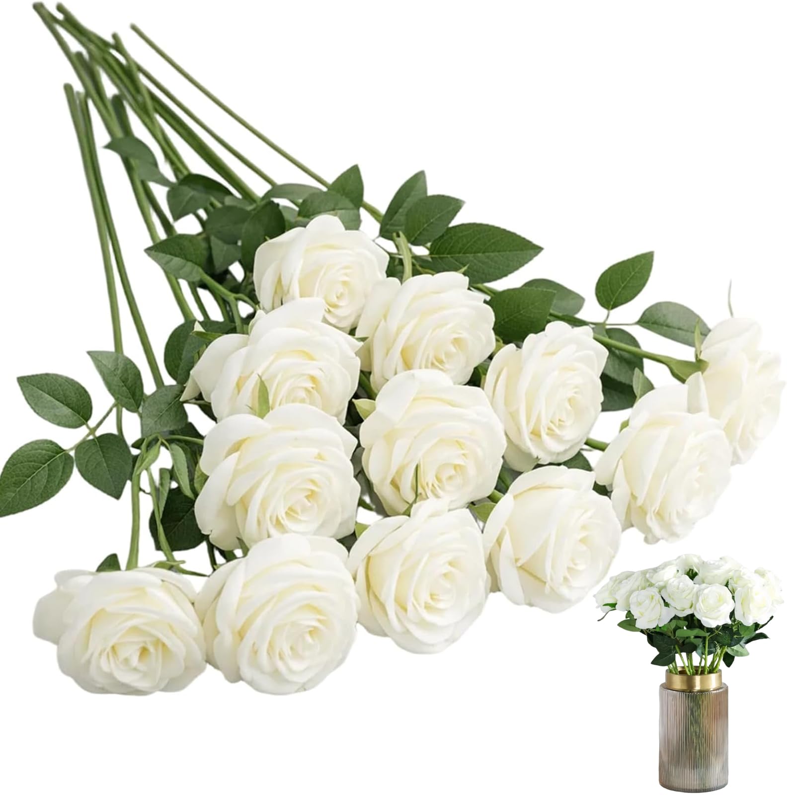 Moxychrony 12PCS White Roses, Artificial Rose Flowers