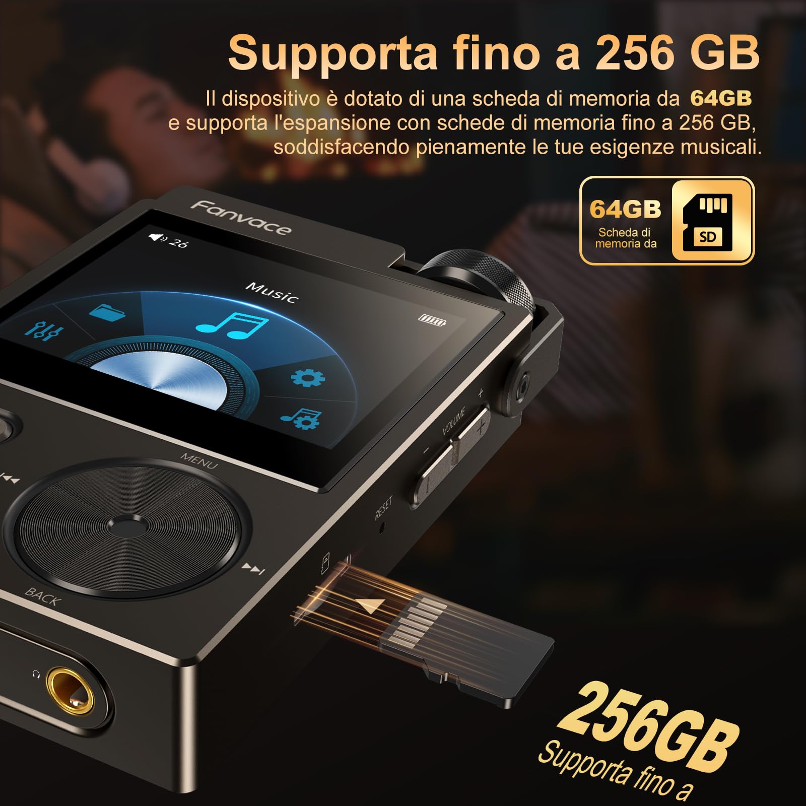 Lettore MP3 Hi-Fi, lettore musicale audio digitale DSD ad alta risoluzione senza perdita di dati, lettore audio DAC-FLAC portatile, 192 kHz/24 bit, lettore audio portatile con 64 GB (Black)