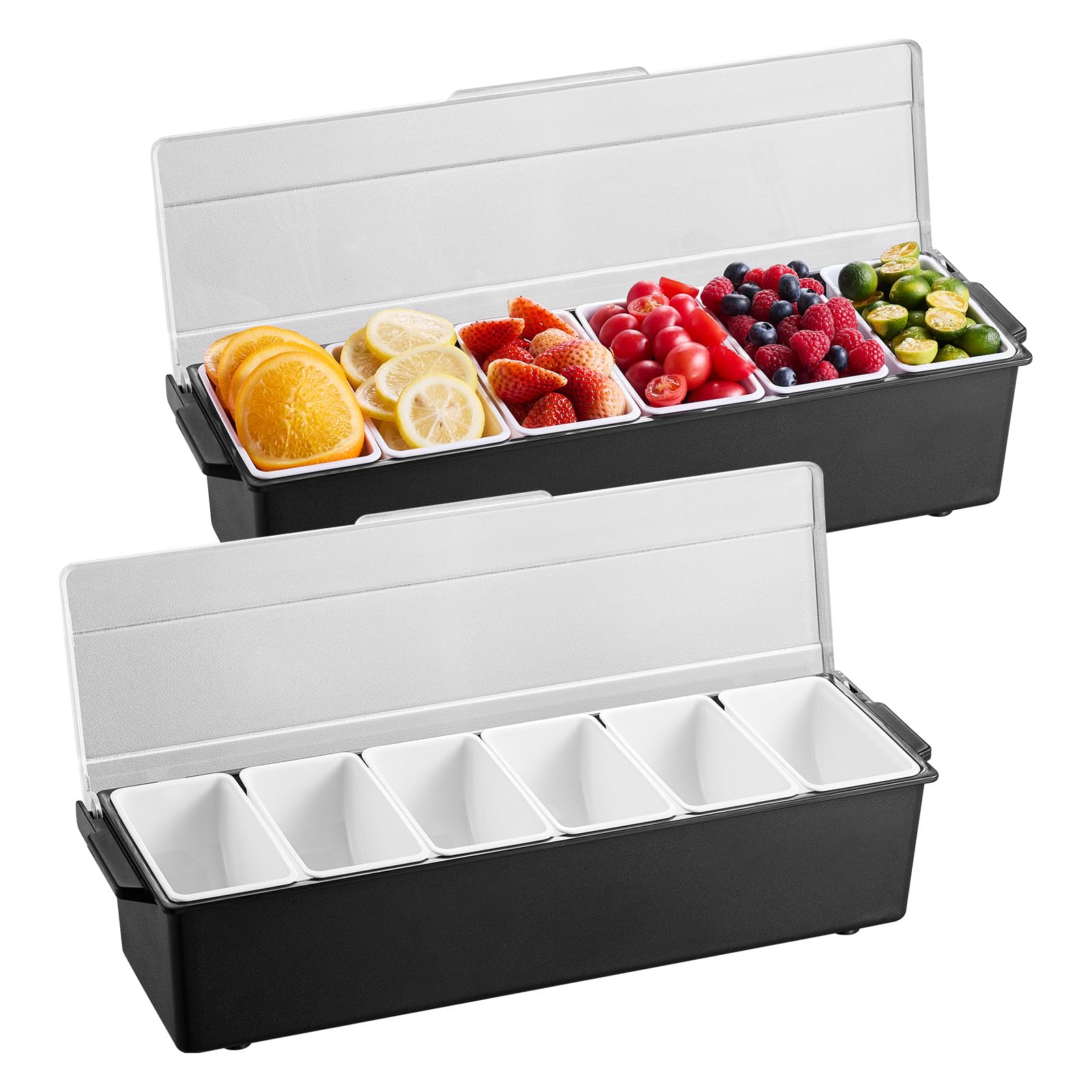 VEVOR Saladette à Poser 2PCs 6 Compartiments, Bac à Garnitures Réfrigéré par Glace, pour Fruits Légumes Bar Buffet Froid Restaurant, Station de Garnitures et Ingrédients avec Couvercle en Plastique