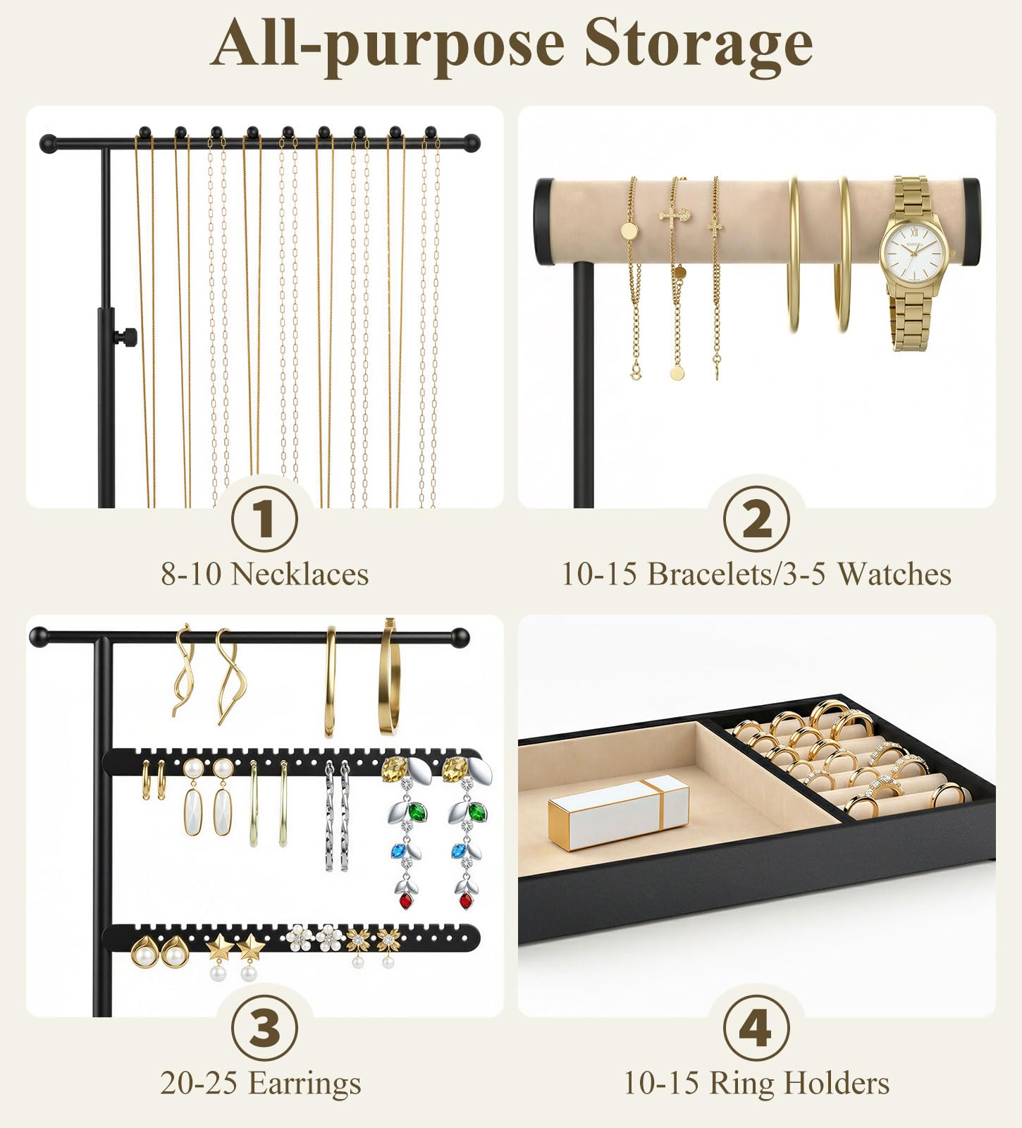 Emibele Necklace Holder, Jewelry Organizer Stand with Velvet Tray, Jewelry Organizer Tower for Earrings, Bracelets and Necklaces, Elegant Necklace Tower Accessory Storage Gifts for Women, Black