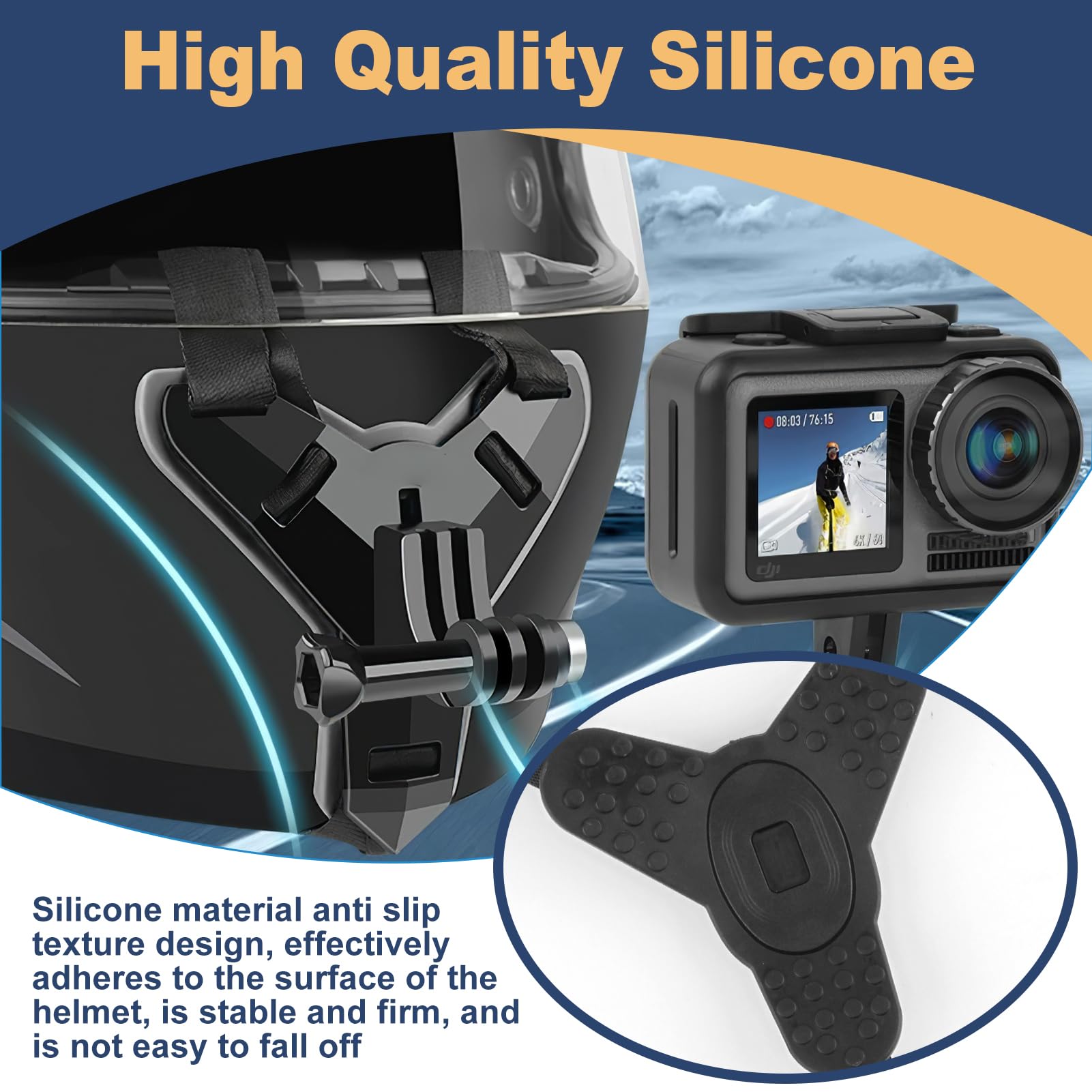 Support de Casque Moto Menton pour GoPro Hero 13 12 11 10 9 8 7 6 5 pour DJI OSMO Action 5 Pro 4/3 Fixation de Menton pour Session avec Crochet en J Sangle Silicone Antidérapant Facile à Installer