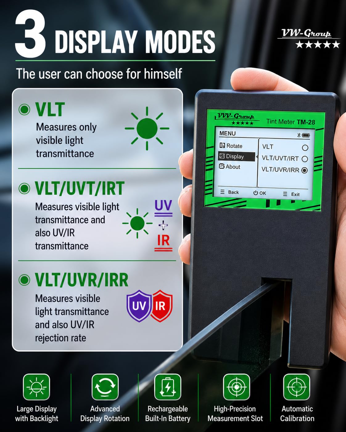 TM-28 - Tester digitale per vetri auto, TM-28, tester per la trasmissione della luce, rifiuto UV/IR, calibrazione automatica, rotazione del display (TM-28)
