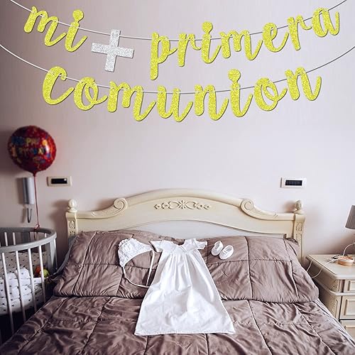 Miniatura 5 de Mi Primera Comuniòn Banner – Bautismo de bebé/Primera Comunión – Dios bendiga a este niño Baby Shower boda fiesta decoración suministros (purpurina