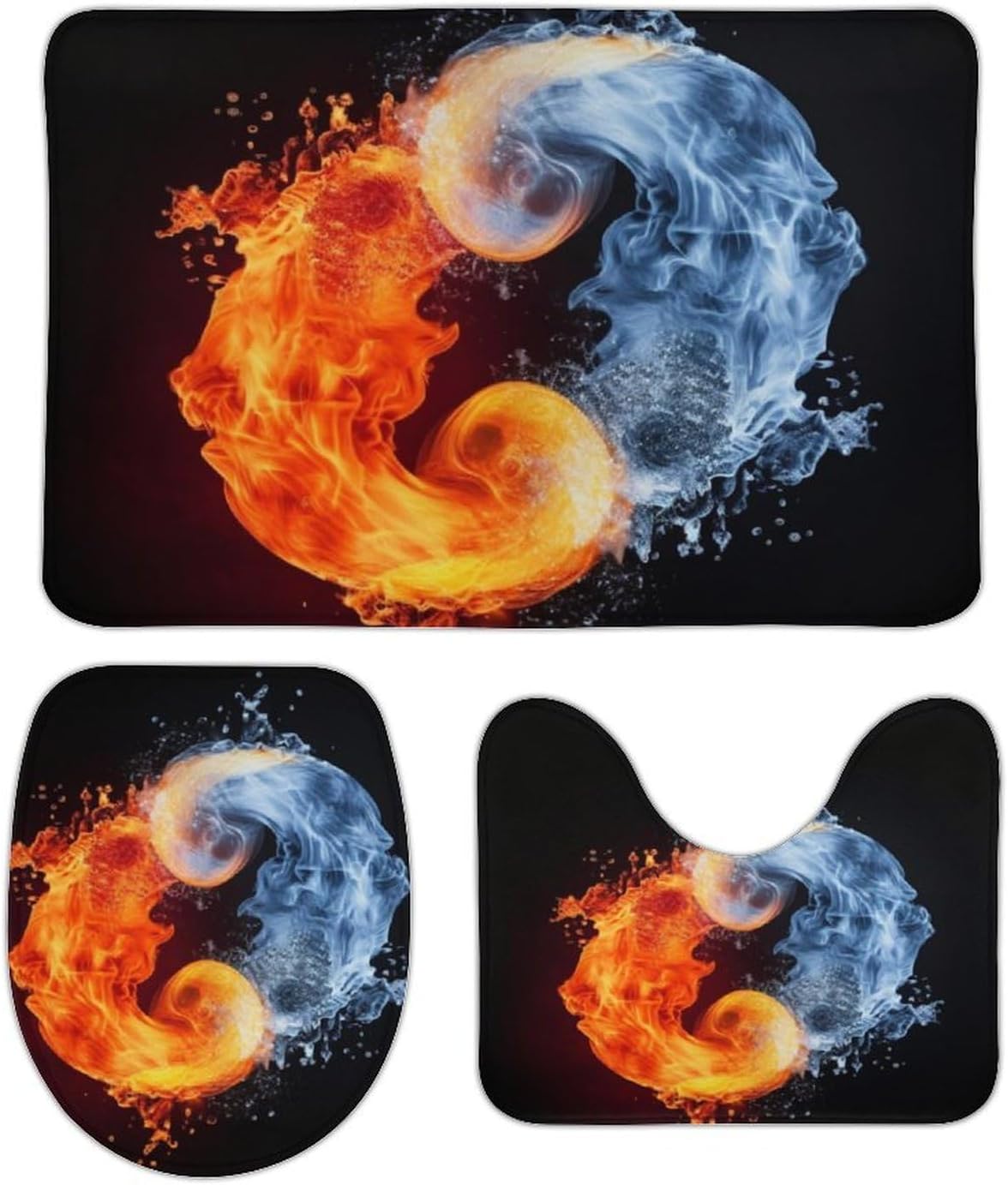 Anti-Skid Floor Mats 3 Piece Set,Yin Yang Fire Water Printed Coral Fleece Bathroom Mats U-Shaped Contour Mat Toilet Seat Cover for Bathroom, Tub, Shower, Kitchen 19.7"x31.5"