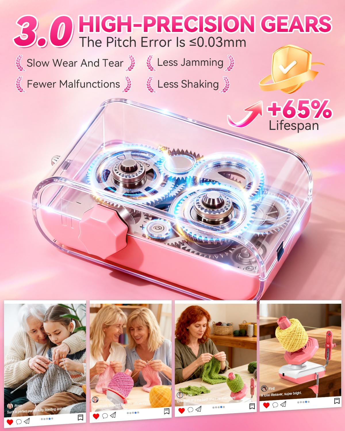 5.0 Upgraded Electric Yarn Winder【Top1 RPM German Motor】【SGS-Grade Precision Gears】Wool Yarn Ball Winder Compact Automatic for Crocheting Super Strong Tension, Ideal for Home and Studio (Pink White) — view 4
