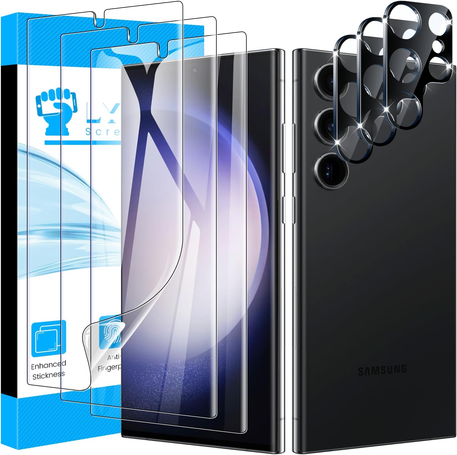 LYWHL [3+3 Pack] for Samsung Galaxy S23 Ultra Screen Protector [No Glass], HD Clear Strong Adhesive Flexible Film Compatible Fingerprint + Camera Lens Glass Protection for Galaxy S23 Ultra 6.8 Inch